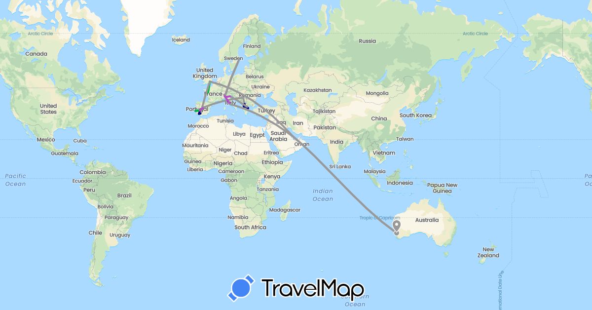 TravelMap itinerary: driving, bus, plane, train in Australia, Switzerland, Spain, France, United Kingdom, Greece, Italy, Macedonia, Portugal, Qatar, Serbia, Sweden (Asia, Europe, Oceania)